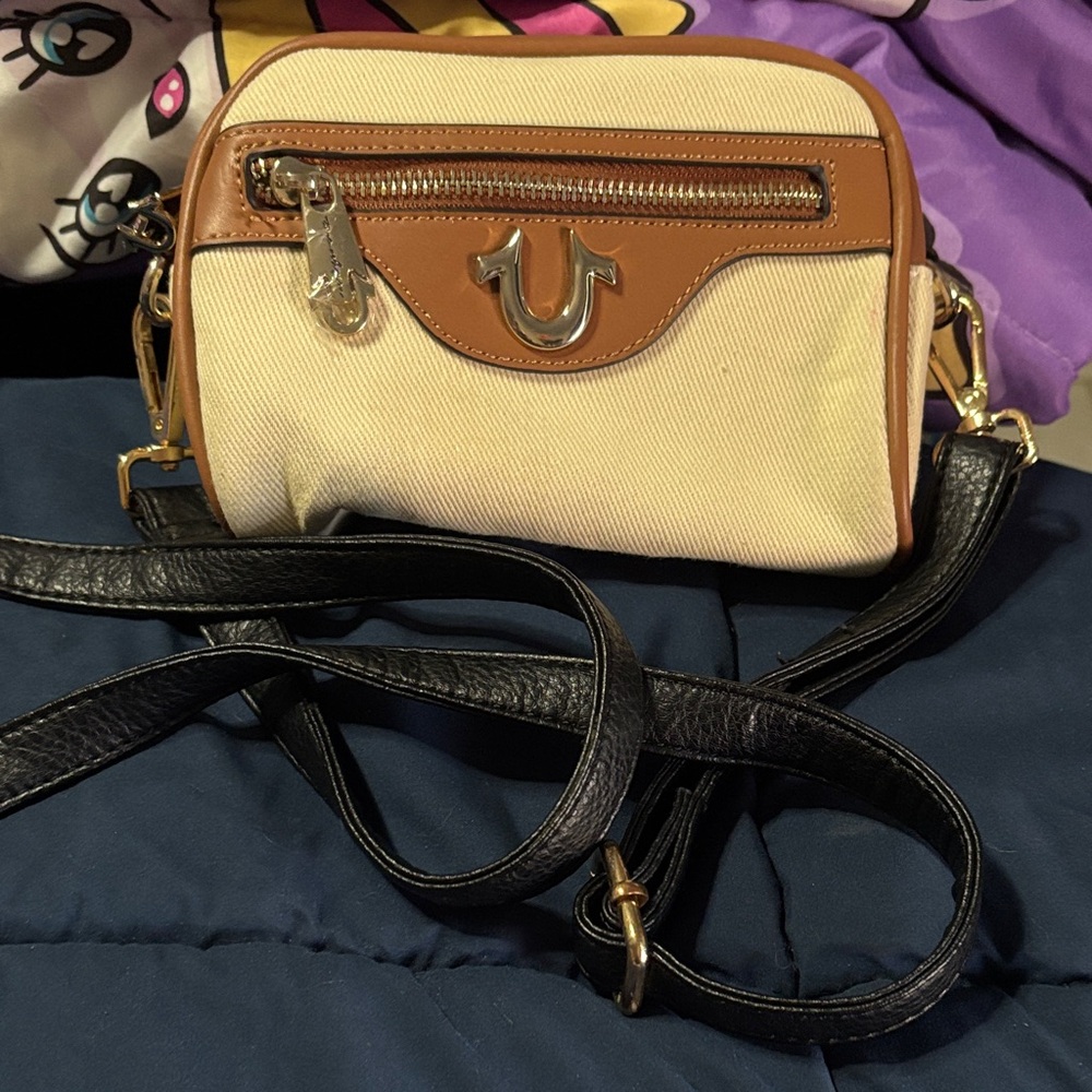 True Religion Cream Canvas Crossbody with Brown Trim and Black Strap